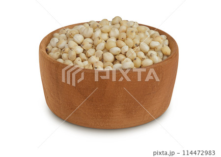 Sorghum seeds in wooden bowl isolated on white background with full depth of field. Sorghum seeds in wooden bowl isolated on white background with full depth of field. 114472983