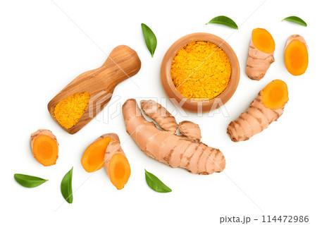 Turmeric powder in wooden bowl and turmeric root isolated on white background. Top view. Flat lay Turmeric powder in wooden bowl and turmeric root isolated on white background. Top view. Flat lay 114472986