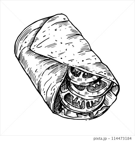 meat roll, drawing in sketch style. black and white graphics, engraving 114473184