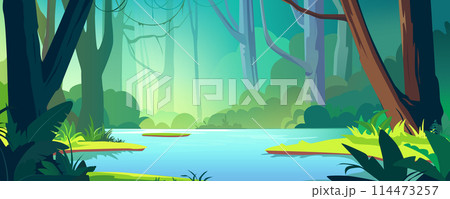 Tropical jungle with river background banner in cartoon design. Wildlife overgrown rainforest with lianas on green trees, lush bushes, ferns and grass, blue water pond. Vector cartoon illustration Tropical jungle with river background banner in cartoon design. Wildlife overgrown rainforest with lianas on green trees, lush bushes, ferns and grass, blue water pond. Vector cartoon illustration 114473257