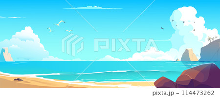 Sea bay background banner in cartoon design. Tropical sand beach landscape with stones, palm trees on rocks, ocean coastline with day clouds, flying seagulls and birds. Vector cartoon illustration 114473262
