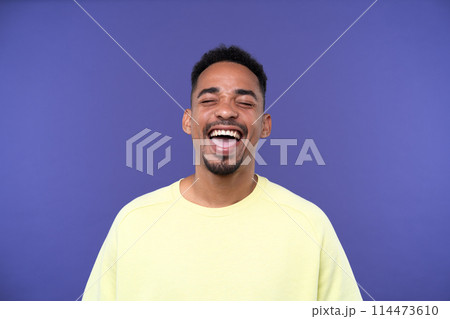 Emotional young black guy in casual raising fists up studio background, celebrating success, happy handsome african american millennial man sharing good emotions, copy space 114473610