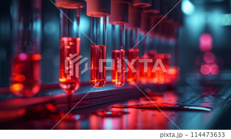 Row of Test Tubes Filled With Liquid 114473633