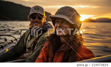 Man and Woman Watching Sunset on Boat 114473654