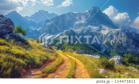 Dirt Path Ascending Grass-Covered Hill 114473811