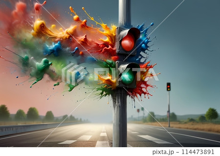 bright multi-colored traffic light on a pole 114473891