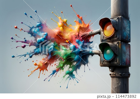 bright multi-colored traffic light on a pole 114473892