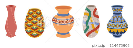 Ceramic vases set. Colored ceramics vase, antique, floral and abstract patterns isolated on white 114473903