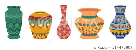 Ceramic vases set. Colored ceramics vase, antique, floral and abstract patterns isolated on white 114473907