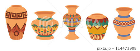 Ceramic vases set. Colored ceramics vase, antique, floral and abstract patterns isolated on white Ceramic vases set. Colored ceramics vase, antique, floral and abstract patterns isolated on white 114473909