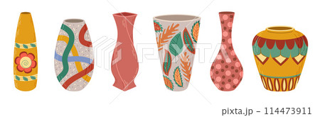 Ceramic vases set. Colored ceramics vase, antique, floral and abstract patterns isolated on white 114473911