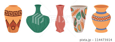 Ceramic vases set. Colored ceramics vase, antique, floral and abstract patterns isolated on white 114473914