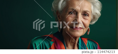 Elderly Caucasian woman in chic attire, radiating joy, against a green backdrop. Elderly Caucasian woman in chic attire, radiating joy, against a green backdrop. 114474213