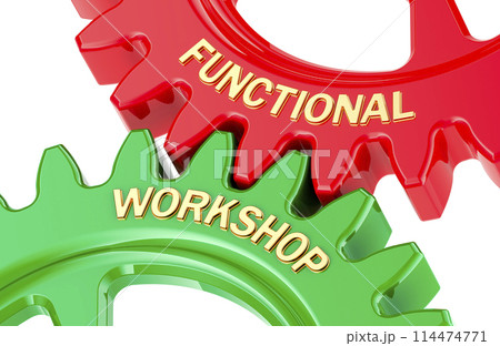 Functional Workshop concept with colored gearwheels. 3D rendering 114474771