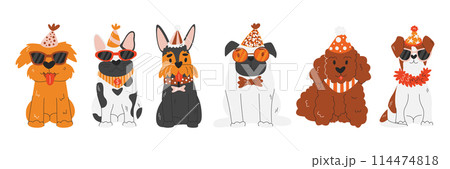 Birthday paw-ty with festive dogs vector flat set 114474818