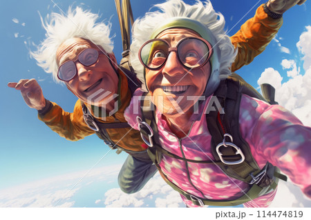 oyful Senior Couple Skydiving 114474819
