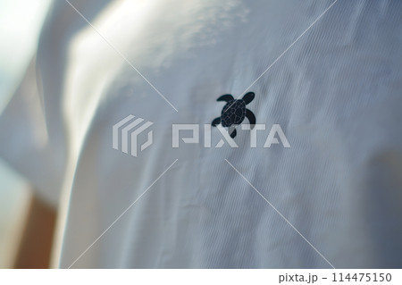 White t-shirt featuring a cheerful turtle design up close 114475150