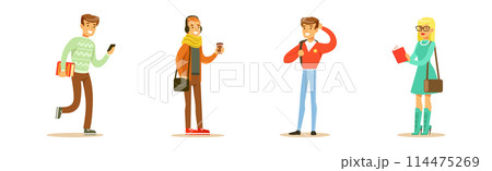 Young University Student Man and Woman Character Wearing Modern Clothes Standing Vector Set 114475269