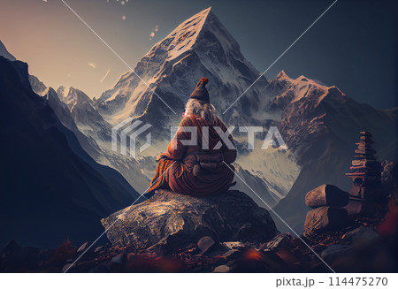 In a scene of spiritual serenity, a shaman sits in deep contemplation atop a majestic mountain, surrounded by the awe-inspiring beauty of nature In a scene of spiritual serenity, a shaman sits in deep contemplation atop a majestic mountain, surrounded by the awe-inspiring beauty of nature 114475270