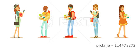 Young University Student Man and Woman Character Wearing Modern Clothes Standing Vector Set 114475272