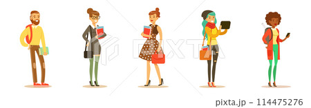 Young University Student Man and Woman Character Wearing Modern Clothes Standing Vector Set 114475276