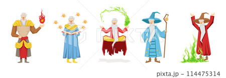 Different Wizard Male Character in Robe Do Spell Vector Set 114475314