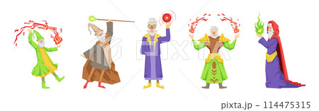 Different Wizard Male Character in Robe Do Spell Vector Set Different Wizard Male Character in Robe Do Spell Vector Set 114475315