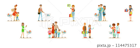People Character Doing Shopping with Bag and Cart Vector Set 114475317