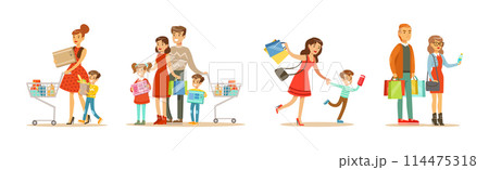 People Character Doing Shopping with Bag and Cart Vector Set People Character Doing Shopping with Bag and Cart Vector Set 114475318
