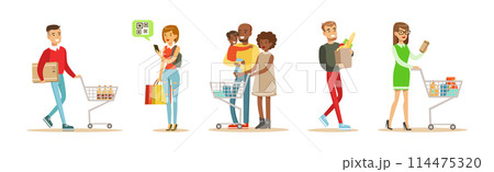 People Character Doing Shopping with Bag and Cart Vector Set 114475320
