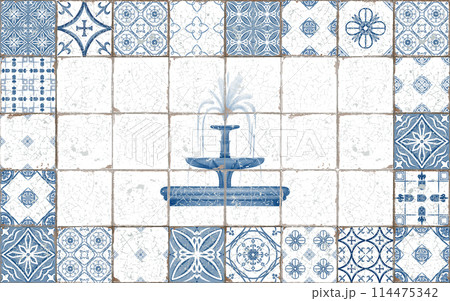 Fountain with flowing water in monochromatic blue and white color framed old azulejos ceramic tiles. Watercolor technique.Cartoon stylization For stickers, collages, souvenir production 114475342