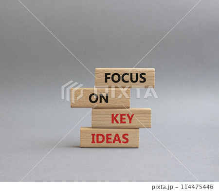 Focus on Key Ideas symbol. Concept words Focus on Key Ideas on wooden blocks. Beautiful grey background. Business and Focus on Key Ideas concept. Copy space 114475446
