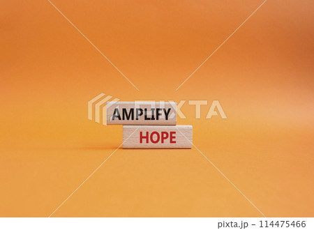 Amplify Hope symbol. Wooden blocks with words Amplify Hope. Beautiful orange background. Business and Amplify Hope concept. Copy space. 114475466
