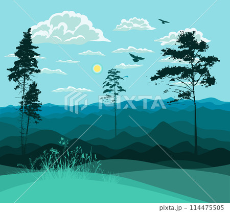 Mountains and hills blue landscape with pine trees. Hand drawing. Not AI. Vector illustration Mountains and hills blue landscape with pine trees. Hand drawing. Not AI. Vector illustration 114475505