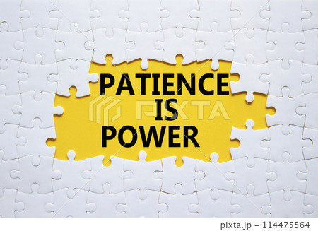 Patience is Power symbol. Concept words Patience is Power on white puzzle. Beautiful yellow background. Business and Patience is Power concept. Copy space. Patience is Power symbol. Concept words Patience is Power on white puzzle. Beautiful yellow background. Business and Patience is Power concept. Copy space. 114475564