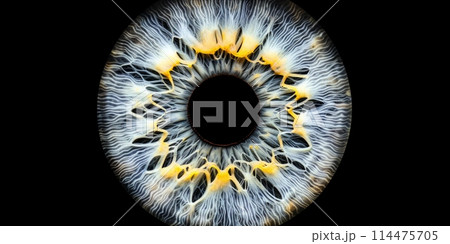 A detailed close up of an eye against a black background, showcasing intricate details and textures. 114475705