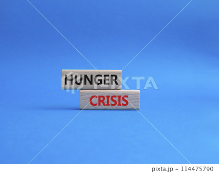 Hunger Crisis symbol. Wooden blocks with words Hunger Crisis. Beautiful blue background. Business and Hunger Crisis concept. Copy space. 114475790