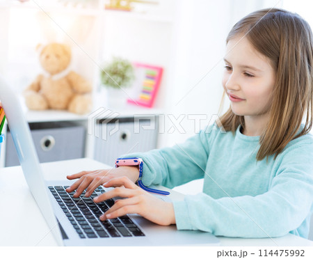 Cute little girl using computer in light room 114475992