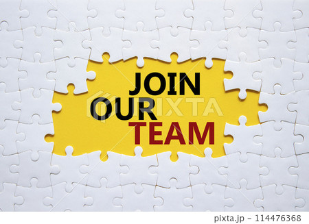 Join our team symbol. Concept words Join our team on white puzzle. Beautiful yellow background. Business and Join our team concept. Copy space. Join our team symbol. Concept words Join our team on white puzzle. Beautiful yellow background. Business and Join our team concept. Copy space. 114476368
