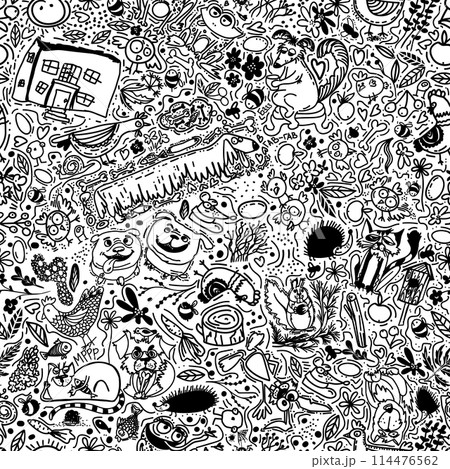 Seamless pattern of cute line animals. hand drawing. Not AI, Vector illustration 114476562