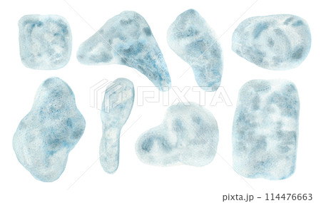 Set of artistic granulate textured light gray blue watercolor organic shape stains. Vibrant hand painted nature sky clouds watercolour blobs for banner design, nature poster, greeting cards 114476663