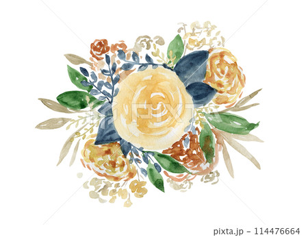 Delicate rustic watercolor orange roses with green and blue leaves floral bouquet. Tender watercolour daisy yellow peony flowers composition for invitation, wedding greeting cards design 114476664