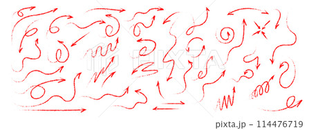 Set of grunge red arrows, hand painted. Curved, twisted and straight arrows drawn with wax pencils. Vector set of pointers. 114476719