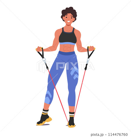Female Bodybuilder Character Using Resistance Band, Showcasing Strength And Vitality. Woman In Athletic Gear 114476760