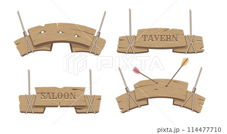 Cartoon wooden sign boards with ropes Cartoon wooden sign boards with ropes 114477710