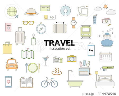 旅行　トラベル　イラスト　セット　線画　飛行機　スーツケース　温泉　カメラ　モバイル　GW　バカンス 114478540