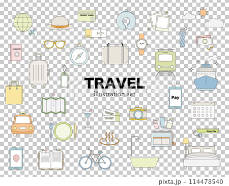Travel illustration set line drawing airplane suitcase hot spring camera mobile Golden Week vacation 114478540