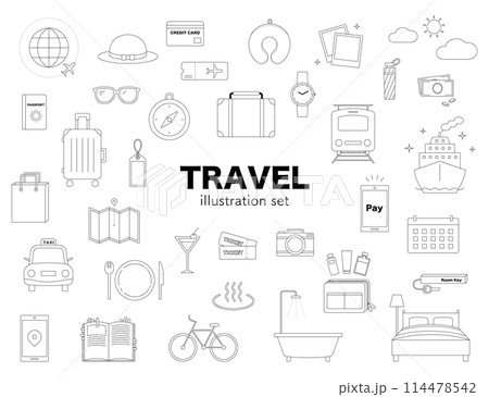 旅行 トラベル イラスト セット 線画 飛行機 スーツケース 温泉 カメラ モバイル モノクロ 旅行 トラベル イラスト セット 線画 飛行機 スーツケース 温泉 カメラ モバイル モノクロ 114478542