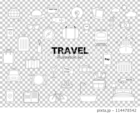 旅行旅行插畫套裝線畫飛機手提箱溫泉相機手機單色 旅行旅行插畫套裝線畫飛機手提箱溫泉相機手機單色 114478542