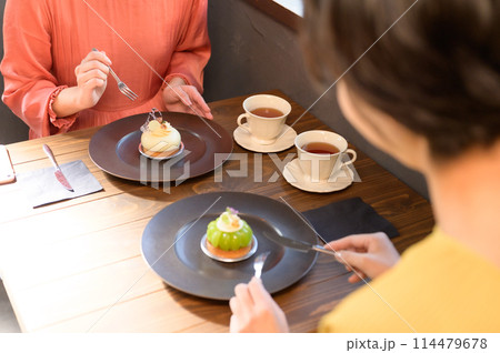 カフェでケーキを食べる二人の女性 カフェでケーキを食べる二人の女性 114479678